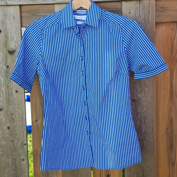 CLASSY BIZ Collection Button Down Navy and White Stripe Shirt Women's Size 2 - Picture 1 of 5